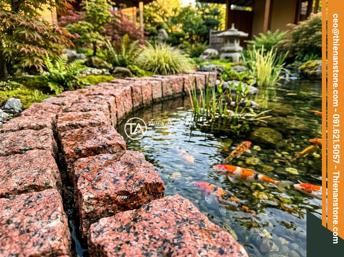 Đá Cubic Granite Đỏ - Chất liệu: Đá granite đỏ tự nhiên - Kích thước: 10x10x5cm - Hình 14 Đá Cubic Granite Đỏ - Chất liệu: Đá granite đỏ tự nhiên - Kích thước: 10x10x5cm - Close view of red granite cubes bordering a clear koi fish pond in a luxury reso