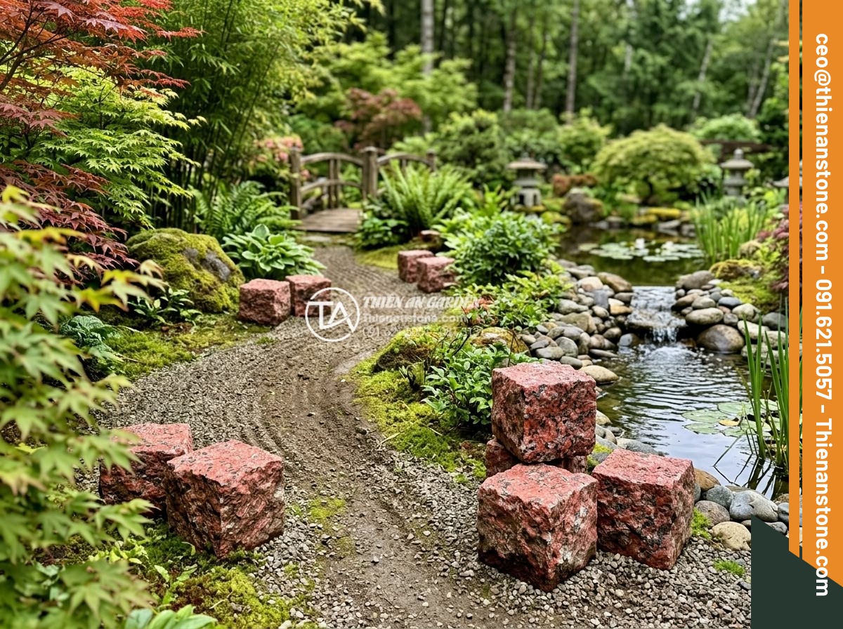 Đá Cubic Granite Đỏ - Chất liệu: Đá granite đỏ tự nhiên - Kích thước: 10x10x5cm - Hình 15 Đá Cubic Granite Đỏ - Chất liệu: Đá granite đỏ tự nhiên - Kích thước: 10x10x5cm - Feng shui inspired garden layout with red cubic granite stones positioned accord