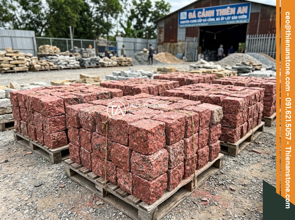 Đá Cubic Granite Đỏ - Chất liệu: Đá granite đỏ tự nhiên - Kích thước: 10x10x5cm - Hình 19 Đá Cubic Granite Đỏ - Chất liệu: Đá granite đỏ tự nhiên - Kích thước: 10x10x5cm - Professional photo of red cubic granite stones displayed at a stone supplier yar