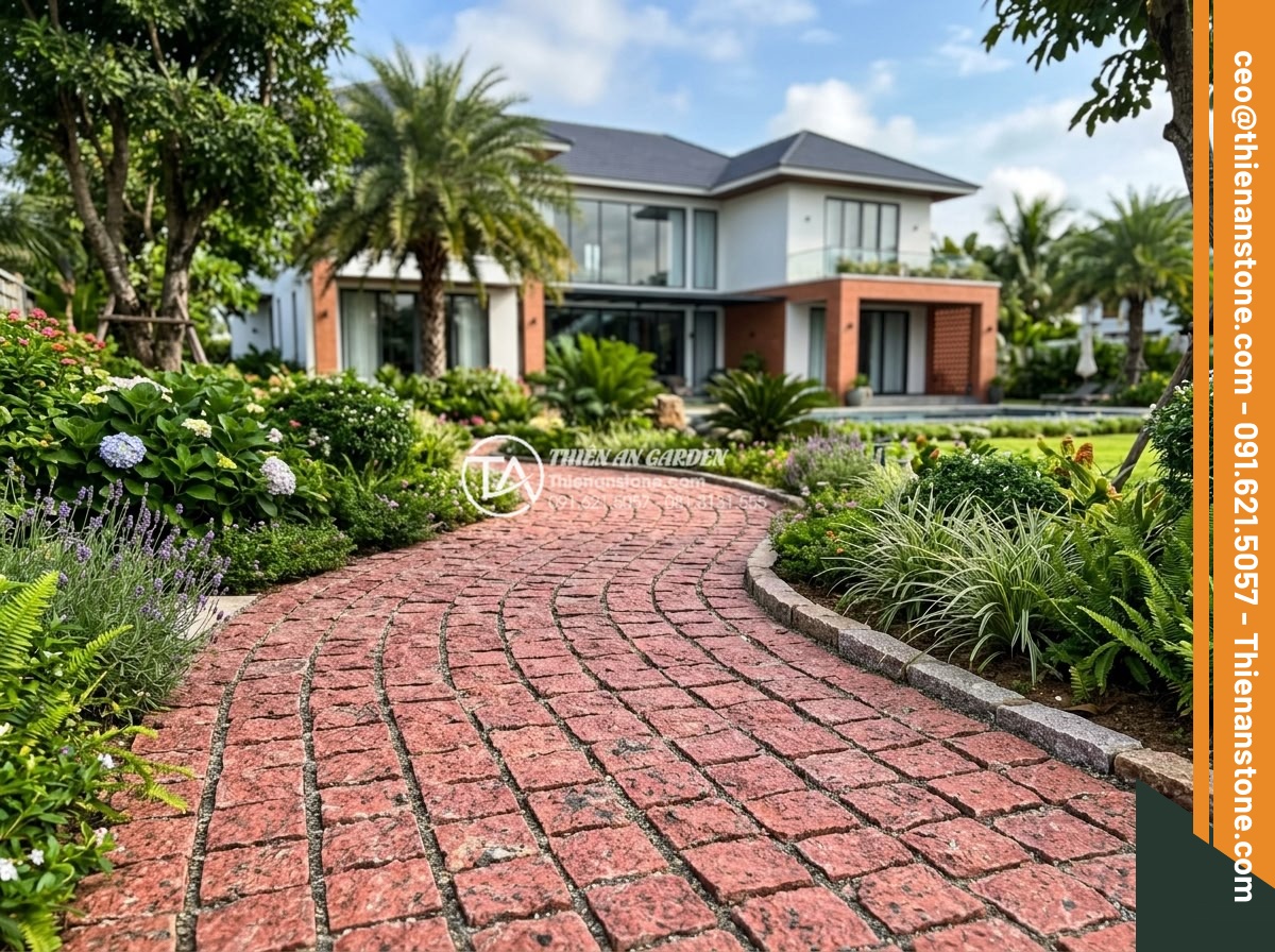 Đá Cubic Granite Đỏ - Chất liệu: Đá granite đỏ tự nhiên - Kích thước: 10x10x5cm - Hình 20 Đá Cubic Granite Đỏ - Chất liệu: Đá granite đỏ tự nhiên - Kích thước: 10x10x5cm - Beautiful completed garden project showcasing installed red granite cubic stones
