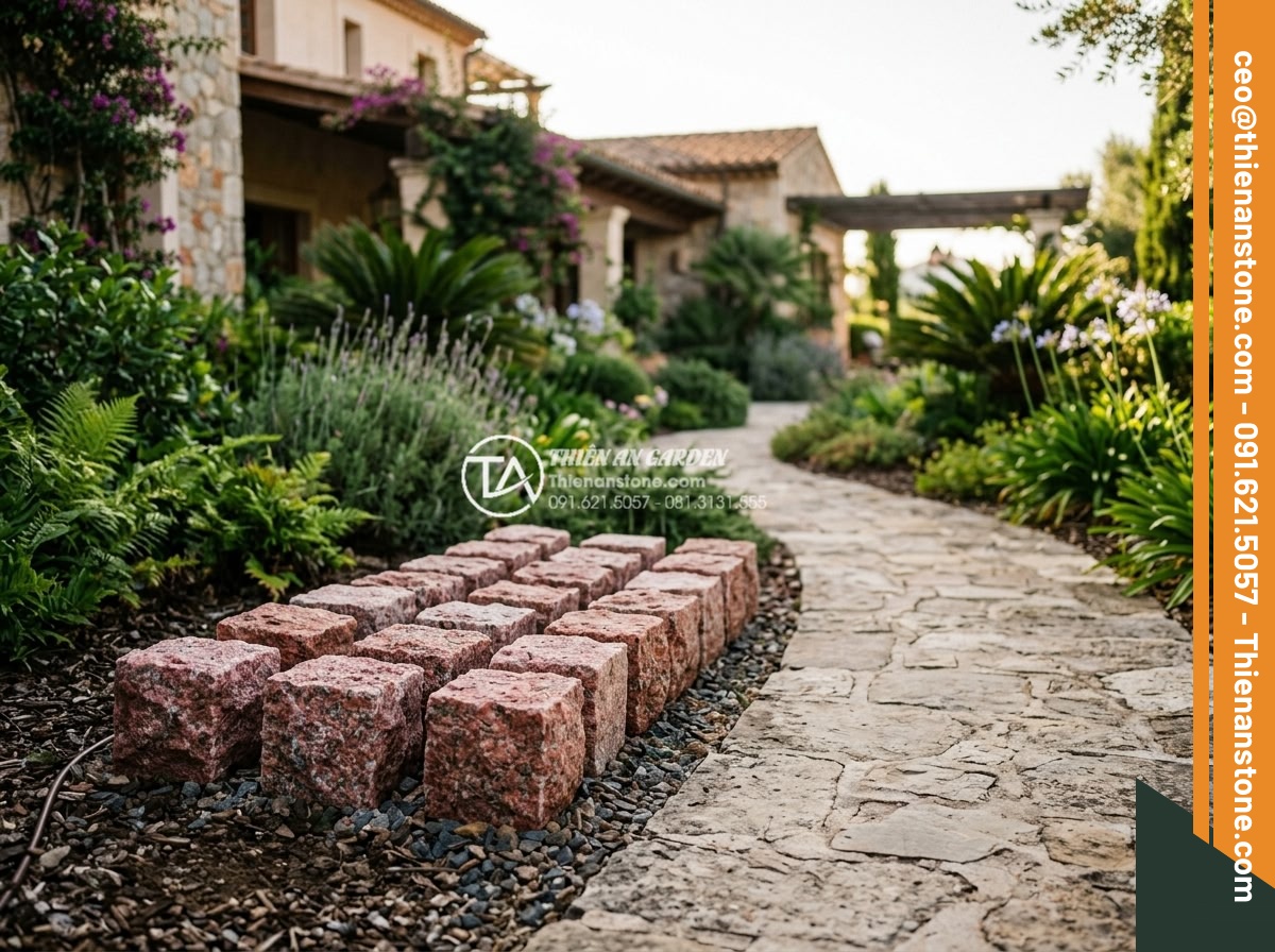 Đá Cubic Granite Đỏ - Chất liệu: Đá granite đỏ tự nhiên - Kích thước: 10x10x5cm - Hình 4 Đá Cubic Granite Đỏ - Chất liệu: Đá granite đỏ tự nhiên - Kích thước: 10x10x5cm - Medium distance shot of several red granite cubes neatly arranged near a stone p