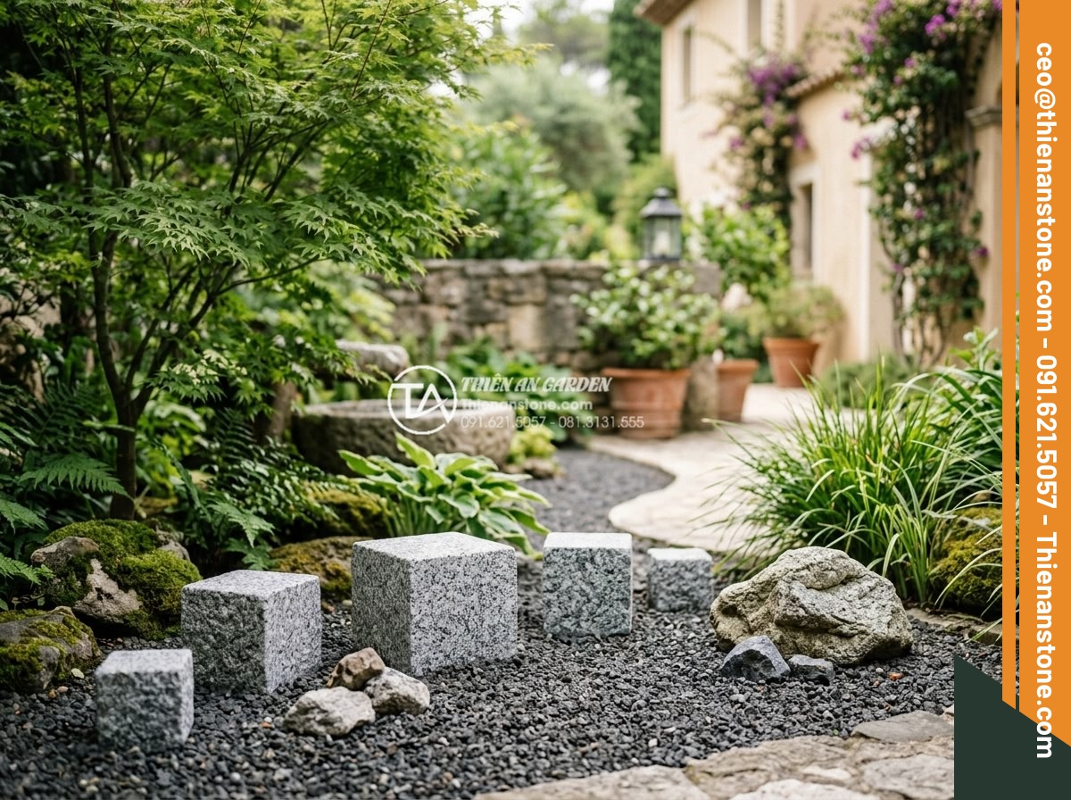 Đá Cubic Granite Muối tiêu - Chất liệu: Đá Granite Muối tiêu tự nhiên - Kích thước: 10x10x5cm (dày 5cm) - Hình 12 Đá Cubic Granite Muối tiêu - Chất liệu: Đá Granite Muối tiêu tự nhiên - Kích thước: 10x10x5cm (dày 5cm) - Aesthetic feng shui arrangement of salt and pepper granite cubes in luxurious vi