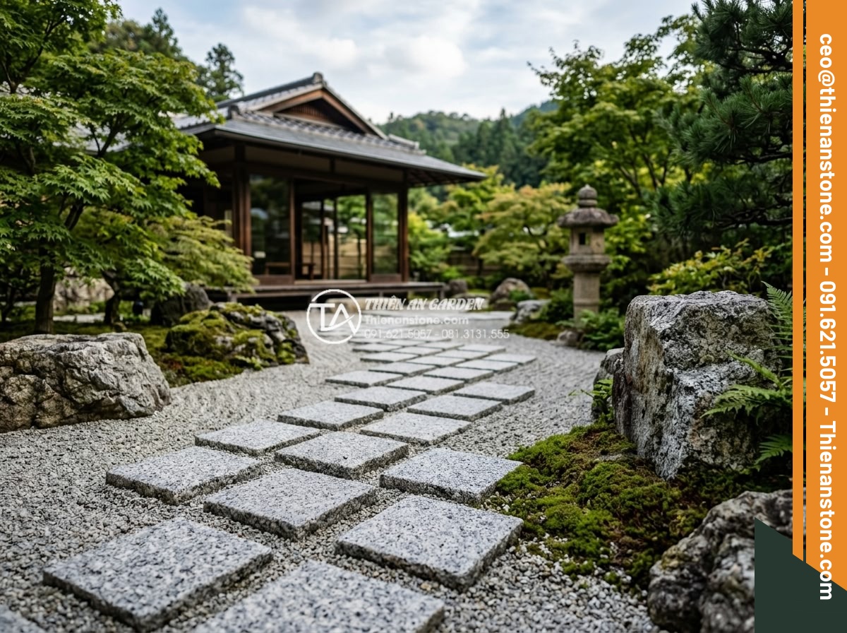 Đá Cubic Granite Muối tiêu - Chất liệu: Đá Granite Muối tiêu tự nhiên - Kích thước: 10x10x5cm (dày 5cm) - Hình 17 Đá Cubic Granite Muối tiêu - Chất liệu: Đá Granite Muối tiêu tự nhiên - Kích thước: 10x10x5cm (dày 5cm) - Luxury resort landscape featuring salt and pepper granite cubic stones in zen ga