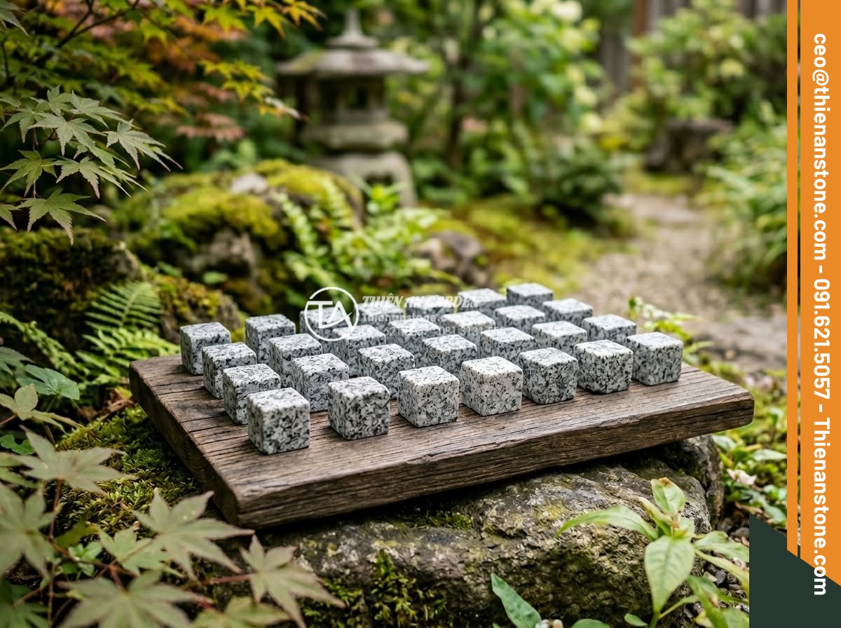 Đá Cubic Granite Muối tiêu - Chất liệu: Đá Granite Muối tiêu tự nhiên - Kích thước: 10x10x5cm (dày 5cm) - Hình 19 Đá Cubic Granite Muối tiêu - Chất liệu: Đá Granite Muối tiêu tự nhiên - Kích thước: 10x10x5cm (dày 5cm) - Professional product showcase of cubic granite muoi tieu stones with company bra