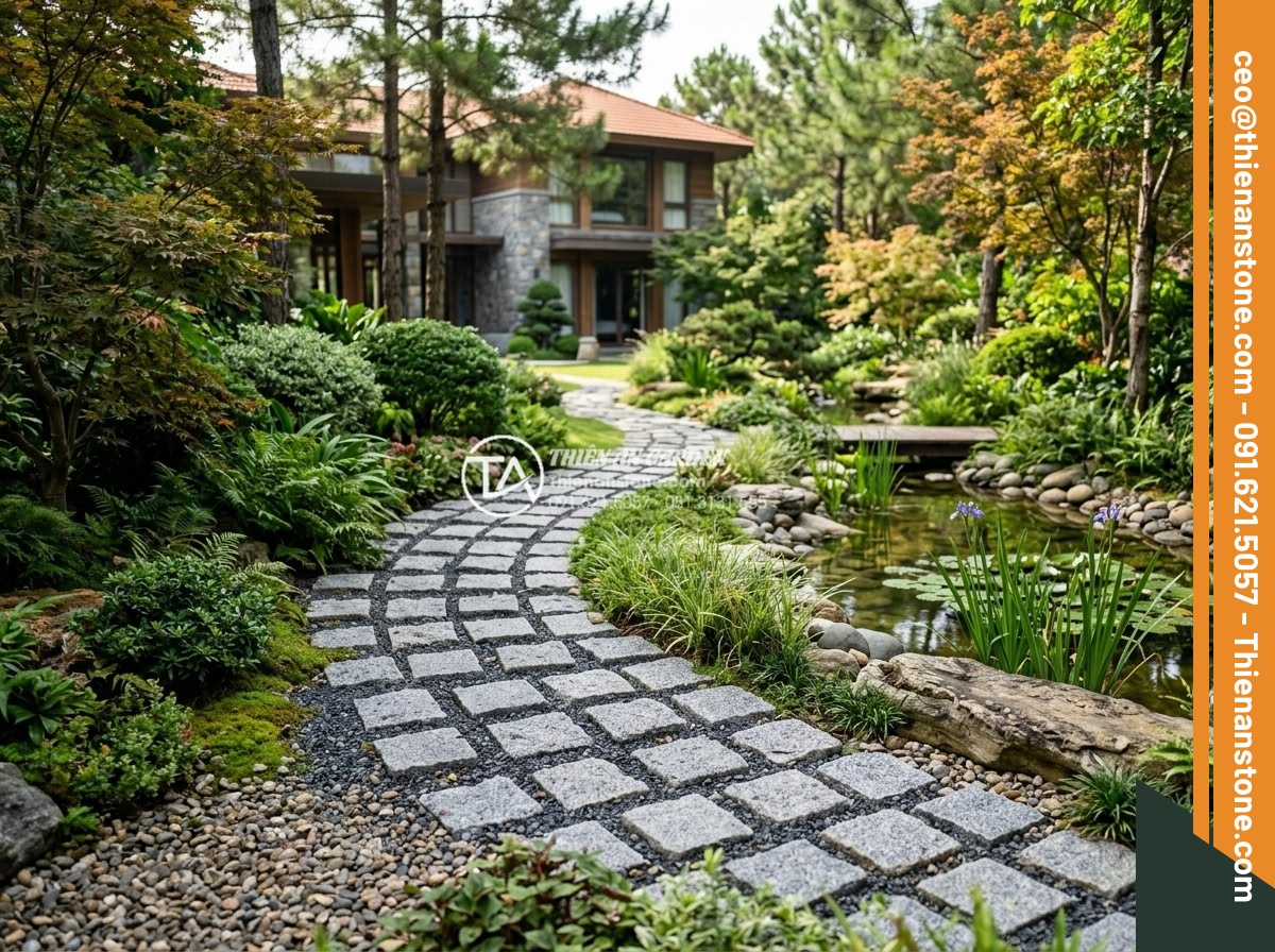 Đá Cubic Granite Muối tiêu - Chất liệu: Đá Granite Muối tiêu tự nhiên - Kích thước: 10x10x5cm (dày 5cm) - Hình 2 Đá Cubic Granite Muối tiêu - Chất liệu: Đá Granite Muối tiêu tự nhiên - Kích thước: 10x10x5cm (dày 5cm) - Distant perspective of cubic granite muoi tieu stones arranged along a garden pa