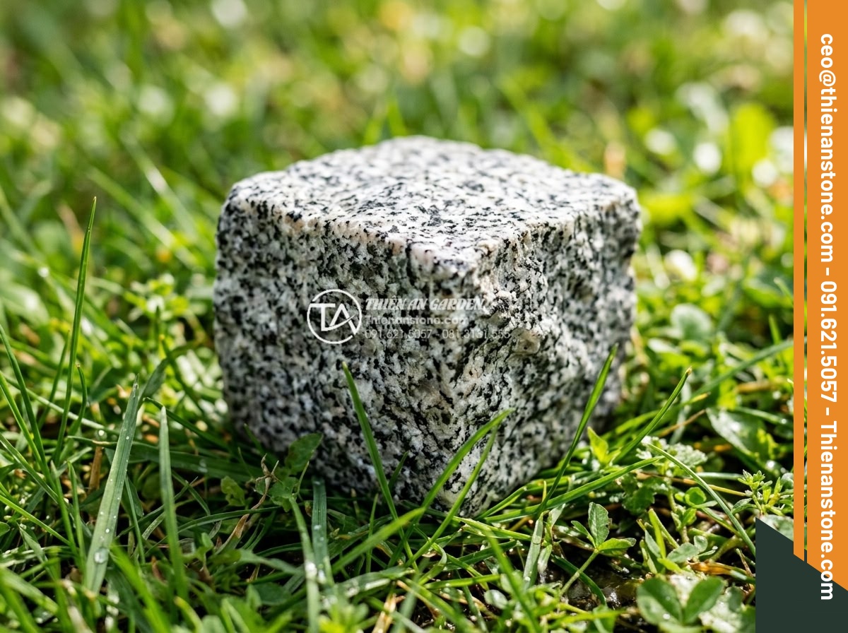 Đá Cubic Granite Muối tiêu - Chất liệu: Đá Granite Muối tiêu tự nhiên - Kích thước: 10x10x5cm (dày 5cm) - Hình 3 Đá Cubic Granite Muối tiêu - Chất liệu: Đá Granite Muối tiêu tự nhiên - Kích thước: 10x10x5cm (dày 5cm) - Close-up realistic shot of a single 10x10x5cm cubic salt and pepper granite ston