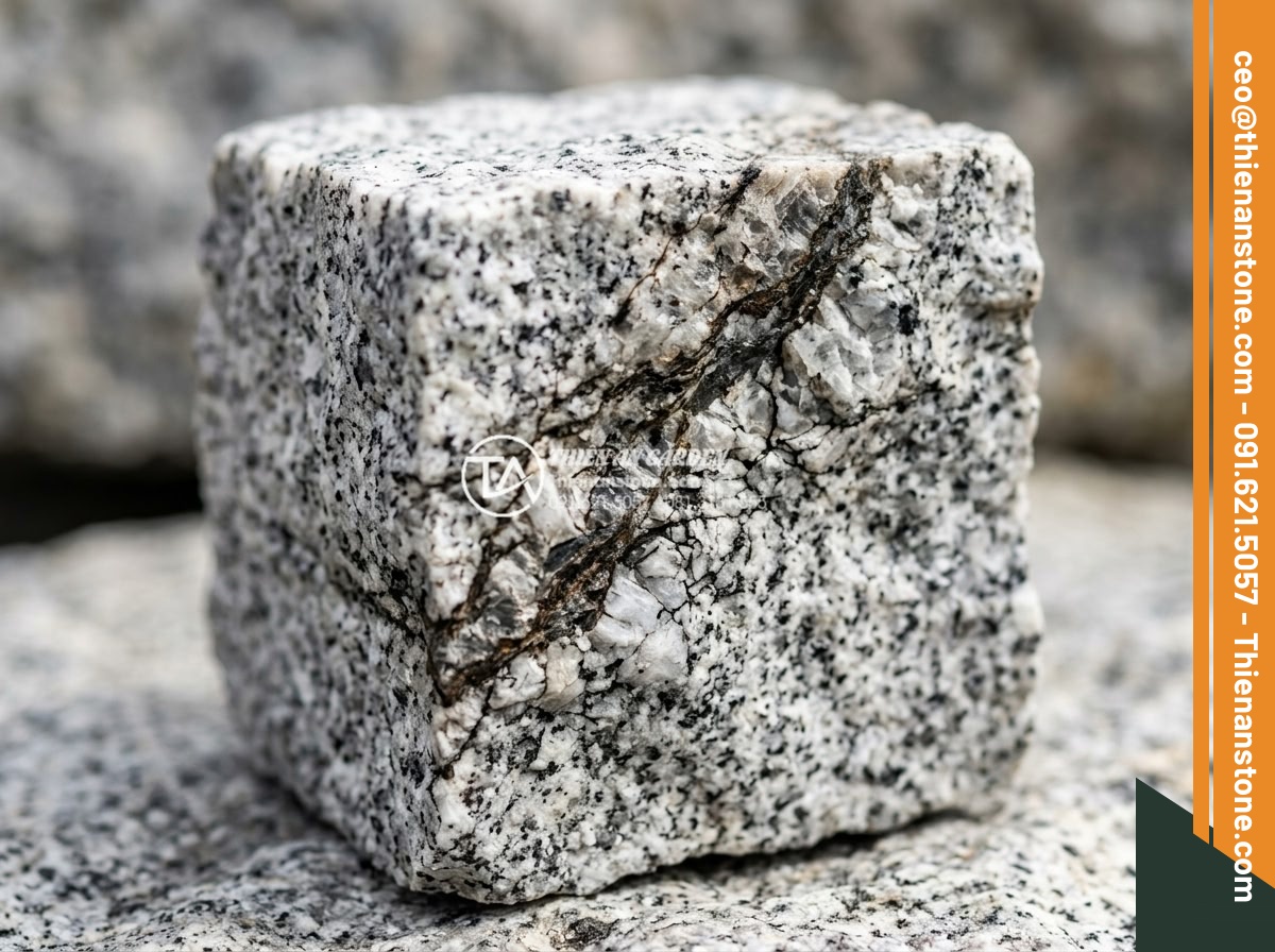 Đá Cubic Granite Muối tiêu - Chất liệu: Đá Granite Muối tiêu tự nhiên - Kích thước: 10x10x5cm (dày 5cm) - Hình 5 Đá Cubic Granite Muối tiêu - Chất liệu: Đá Granite Muối tiêu tự nhiên - Kích thước: 10x10x5cm (dày 5cm) - Macro photography of natural vein patterns on salt and pepper granite cubic ston