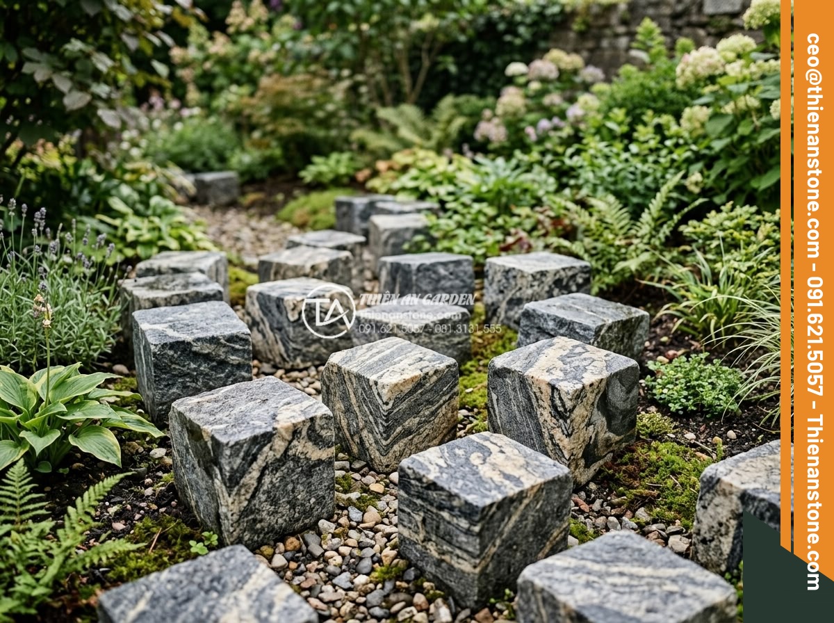 Đá Cubic Granite Muối tiêu - Chất liệu: Đá Granite Muối tiêu tự nhiên - Kích thước: 10x10x5cm (dày 5cm) - Hình 6 Đá Cubic Granite Muối tiêu - Chất liệu: Đá Granite Muối tiêu tự nhiên - Kích thước: 10x10x5cm (dày 5cm) - Angled view showing unique vein patterns across multiple cubic granite stones ar