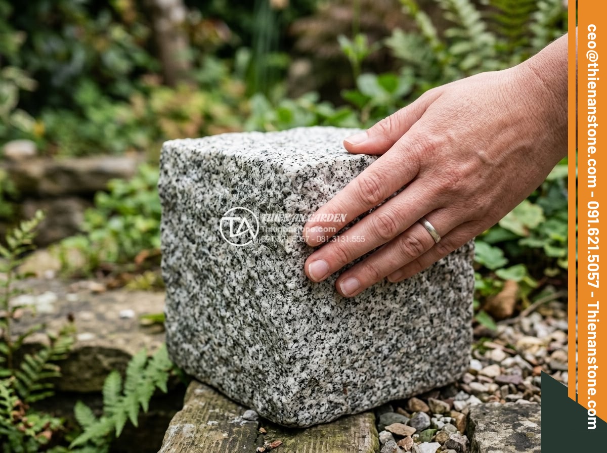 Đá Cubic Granite Muối tiêu - Chất liệu: Đá Granite Muối tiêu tự nhiên - Kích thước: 10x10x5cm (dày 5cm) - Hình 7 Đá Cubic Granite Muối tiêu - Chất liệu: Đá Granite Muối tiêu tự nhiên - Kích thước: 10x10x5cm (dày 5cm) - Human hand touching the surface of a cubic salt and pepper granite stone to demo