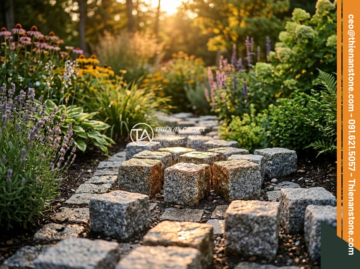 Đá Cubic Granite Muối tiêu - Chất liệu: Đá Granite Muối tiêu tự nhiên - Kích thước: 10x10x5cm (dày 5cm) - Hình 9 Đá Cubic Granite Muối tiêu - Chất liệu: Đá Granite Muối tiêu tự nhiên - Kích thước: 10x10x5cm (dày 5cm) - Golden hour sunlight reflecting beautifully on cubic granite salt and pepper sto