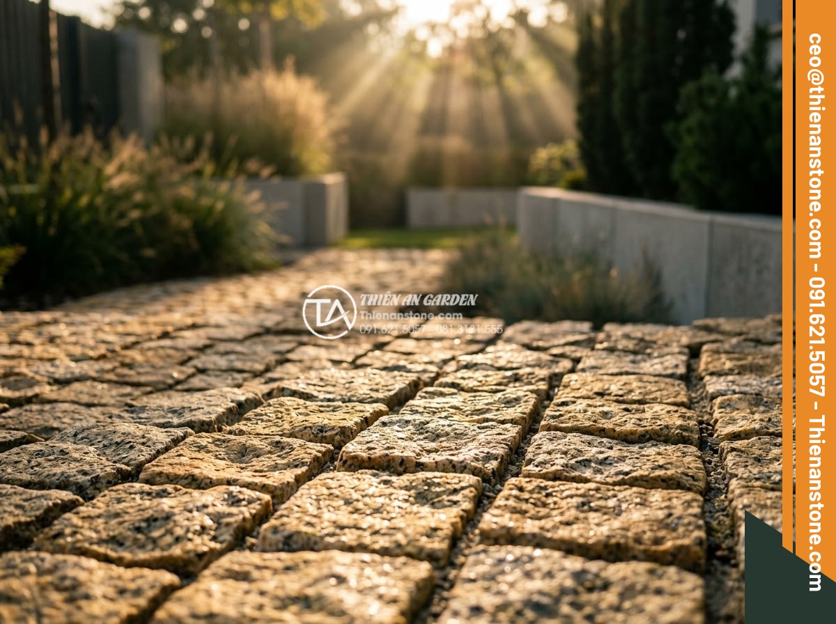 Đá Cubic Granite Vàng - Chất liệu: Đá granite vàng tự nhiên - Kích thước: 10x10x5cm (dày 5cm) - Hình 5 Đá Cubic Granite Vàng - Chất liệu: Đá granite vàng tự nhiên - Kích thước: 10x10x5cm (dày 5cm) - Golden granite cubic stones reflecting warm golden hour sunlight in a modern gar