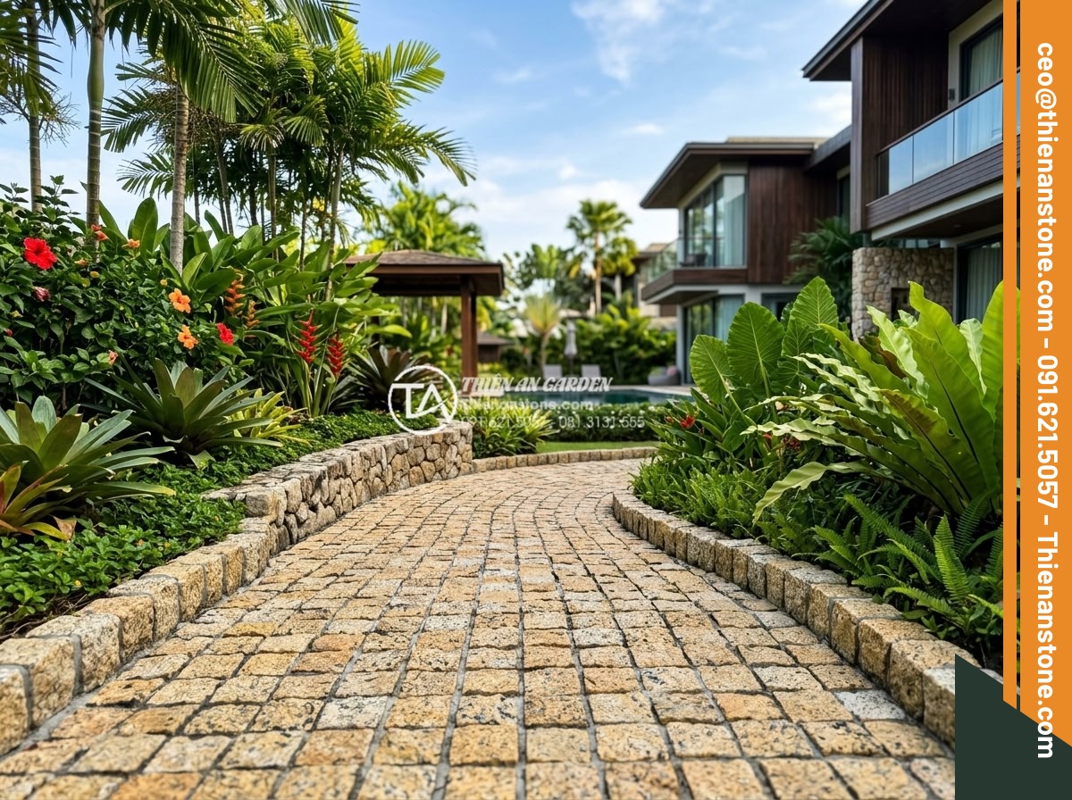 Đá Cubic Granite Vàng - Chất liệu: Đá granite vàng tự nhiên - Kích thước: 10x10x5cm (dày 5cm) - Hình 7 Đá Cubic Granite Vàng - Chất liệu: Đá granite vàng tự nhiên - Kích thước: 10x10x5cm (dày 5cm) - Luxury resort garden featuring golden granite cubic stones used in pathway and d