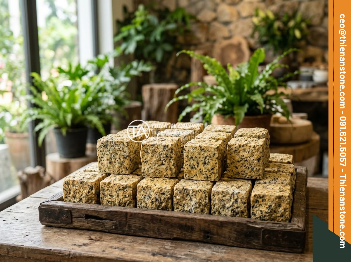 Đá Cubic Granite Vàng - Chất liệu: Đá granite vàng tự nhiên - Kích thước: 10x10x5cm (dày 5cm) - Hình 9 Đá Cubic Granite Vàng - Chất liệu: Đá granite vàng tự nhiên - Kích thước: 10x10x5cm (dày 5cm) - Professional photo of golden granite cubic stones displayed at Da Canh Thien An