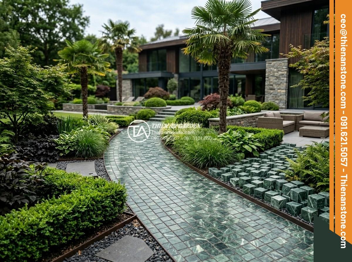 Đá Cubic Thanh Hóa Xanh Rêu – Chất liệu: Đá xanh rêu Thanh Hóa tự nhiên – Kích thước: 10x10x5cm hoặc 15x15x5cm (dày 3-8cm)