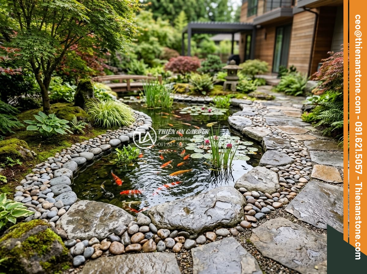 Đá cuội nhỏ kè hồ cá - Hình 10 Đá cuội nhỏ kè hồ cá - Creative modern Koi pond designs featuring artistic small pebble borders, multip