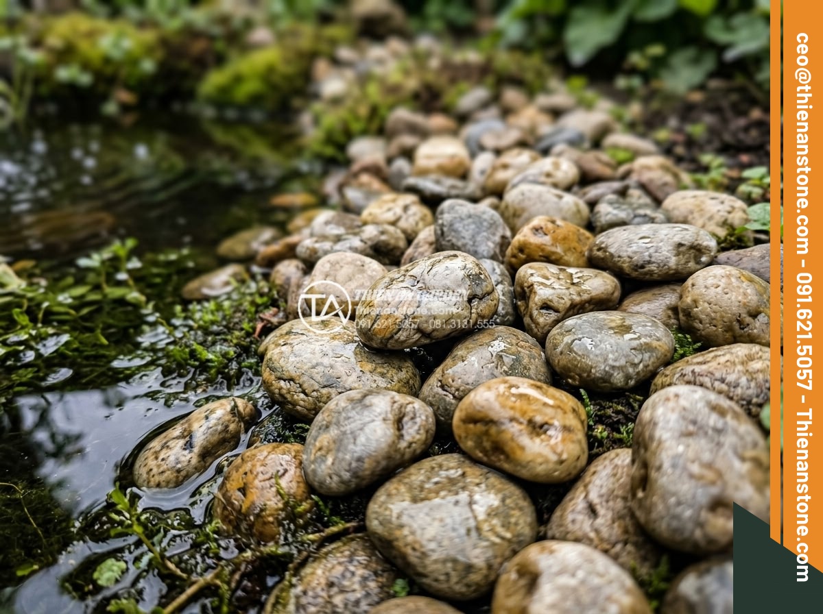 Đá cuội nhỏ kè hồ cá - Hình 2 Đá cuội nhỏ kè hồ cá - Close-up macro shot of small river pebbles for pond edging, showing natural vein