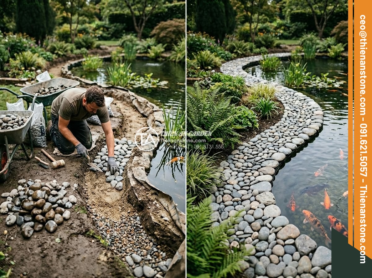Đá cuội nhỏ kè hồ cá - Hình 4 Đá cuội nhỏ kè hồ cá - Step-by-step construction process of pebble stone pond edging, workers installin