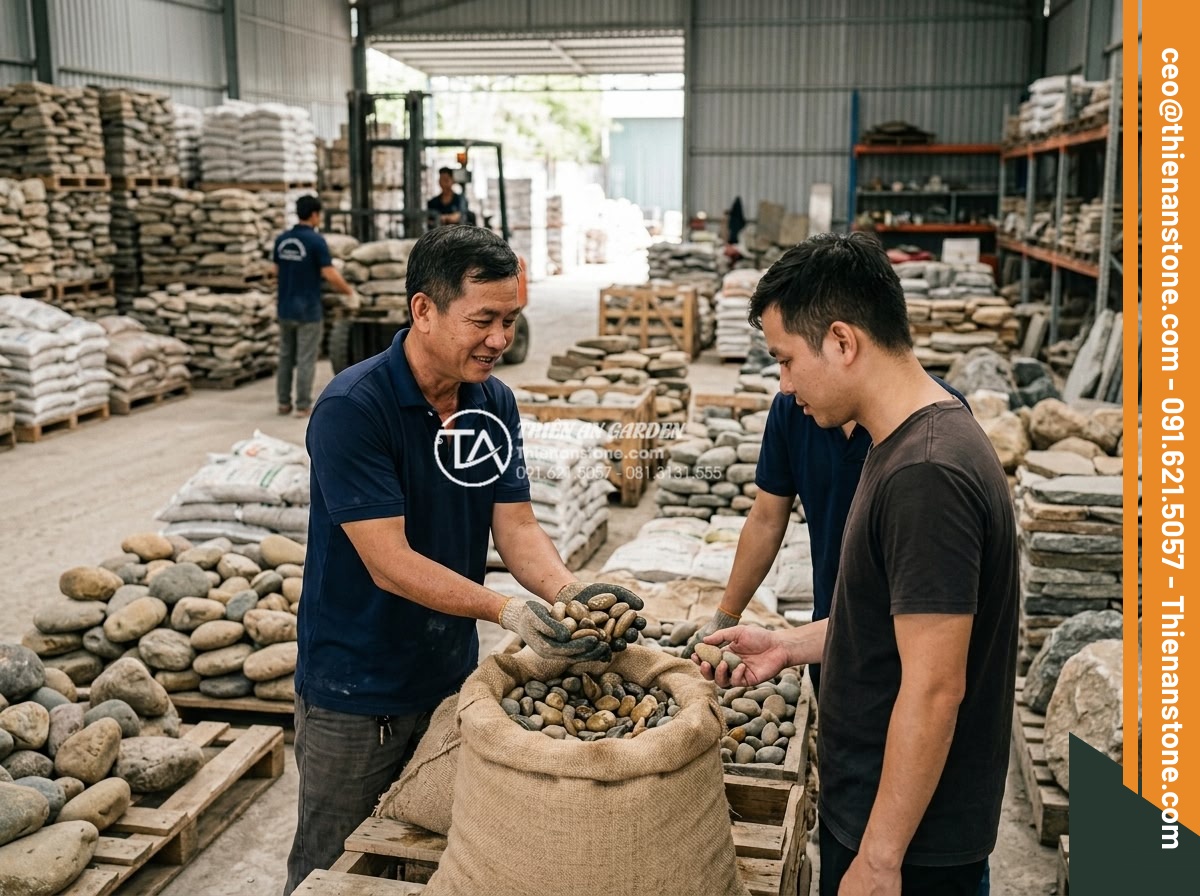 Đá cuội nhỏ kè hồ cá - Hình 9 Đá cuội nhỏ kè hồ cá - Professional stone supplier team at Da Canh Thien An showing high quality small