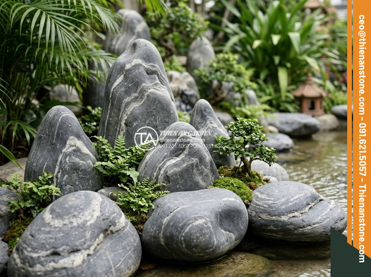 Đá cuội vân mây viên lớn - Hình 10 Đá cuội vân mây viên lớn - Traditional Vietnamese style rockery garden featuring prominent large pebble sto