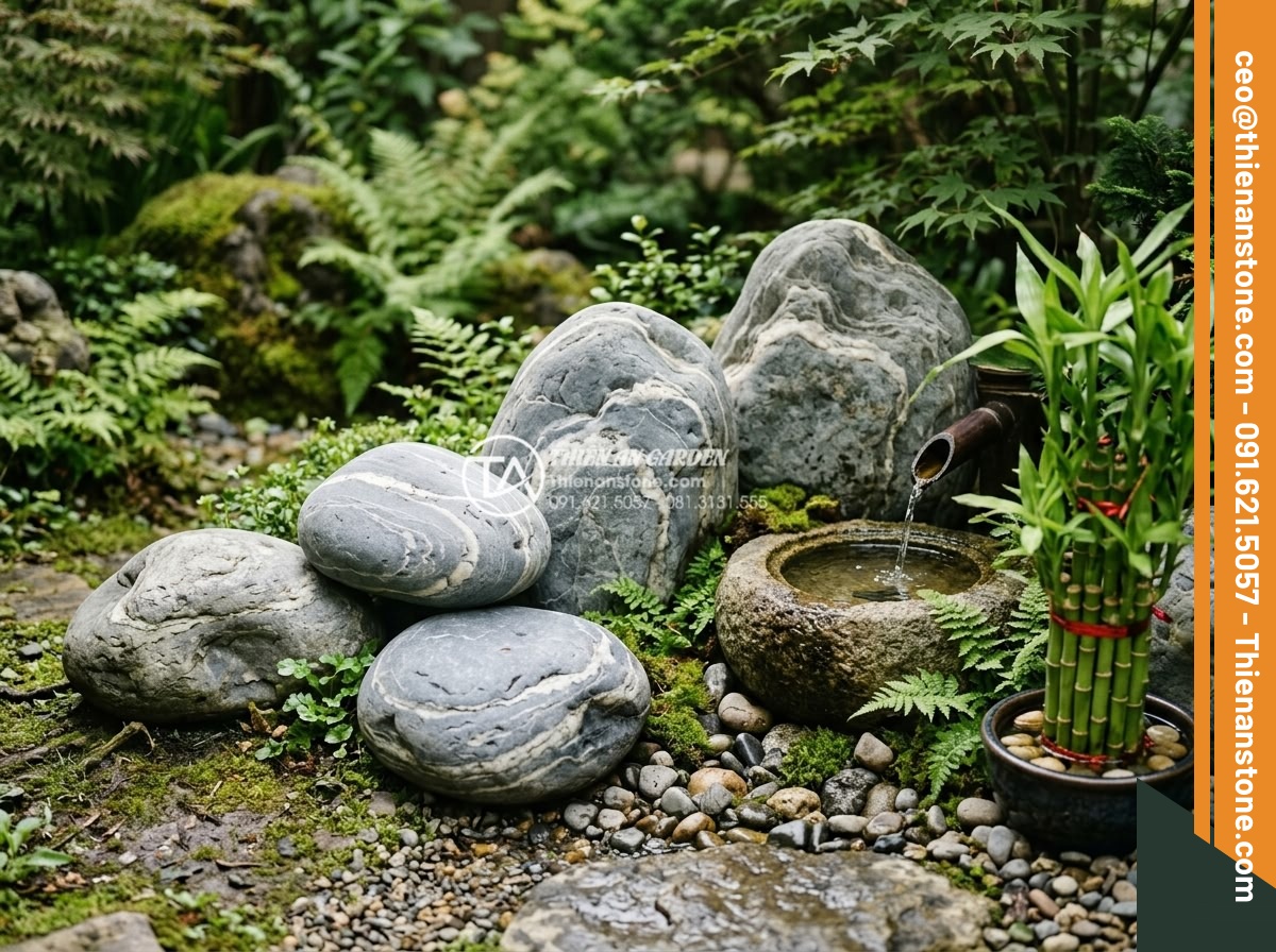 Đá cuội vân mây viên lớn - Hình 11 Đá cuội vân mây viên lớn - Feng shui arrangement of large pebble stones in a peaceful garden corner with wa