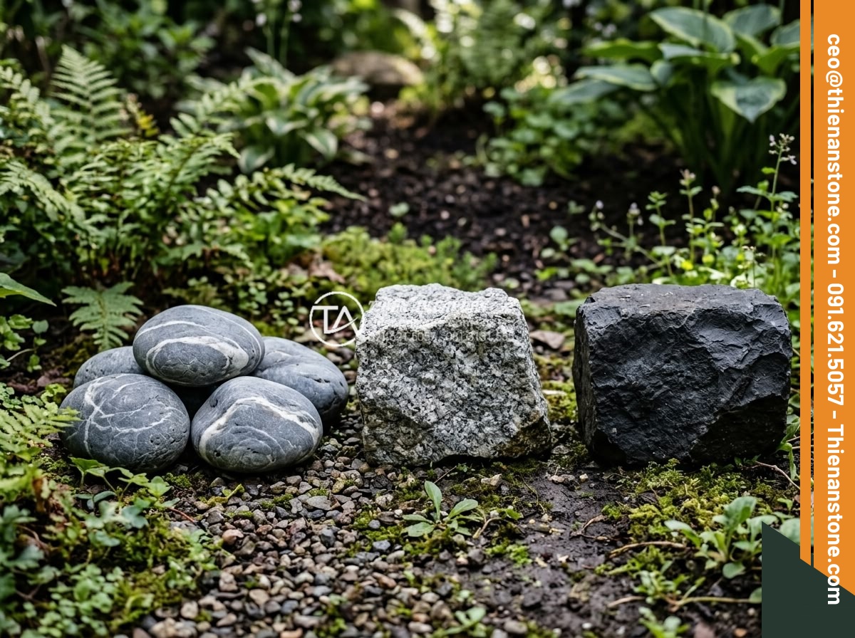 Đá cuội vân mây viên lớn - Hình 13 Đá cuội vân mây viên lớn - Side by side comparison of different natural stones including cloud vein pebble,