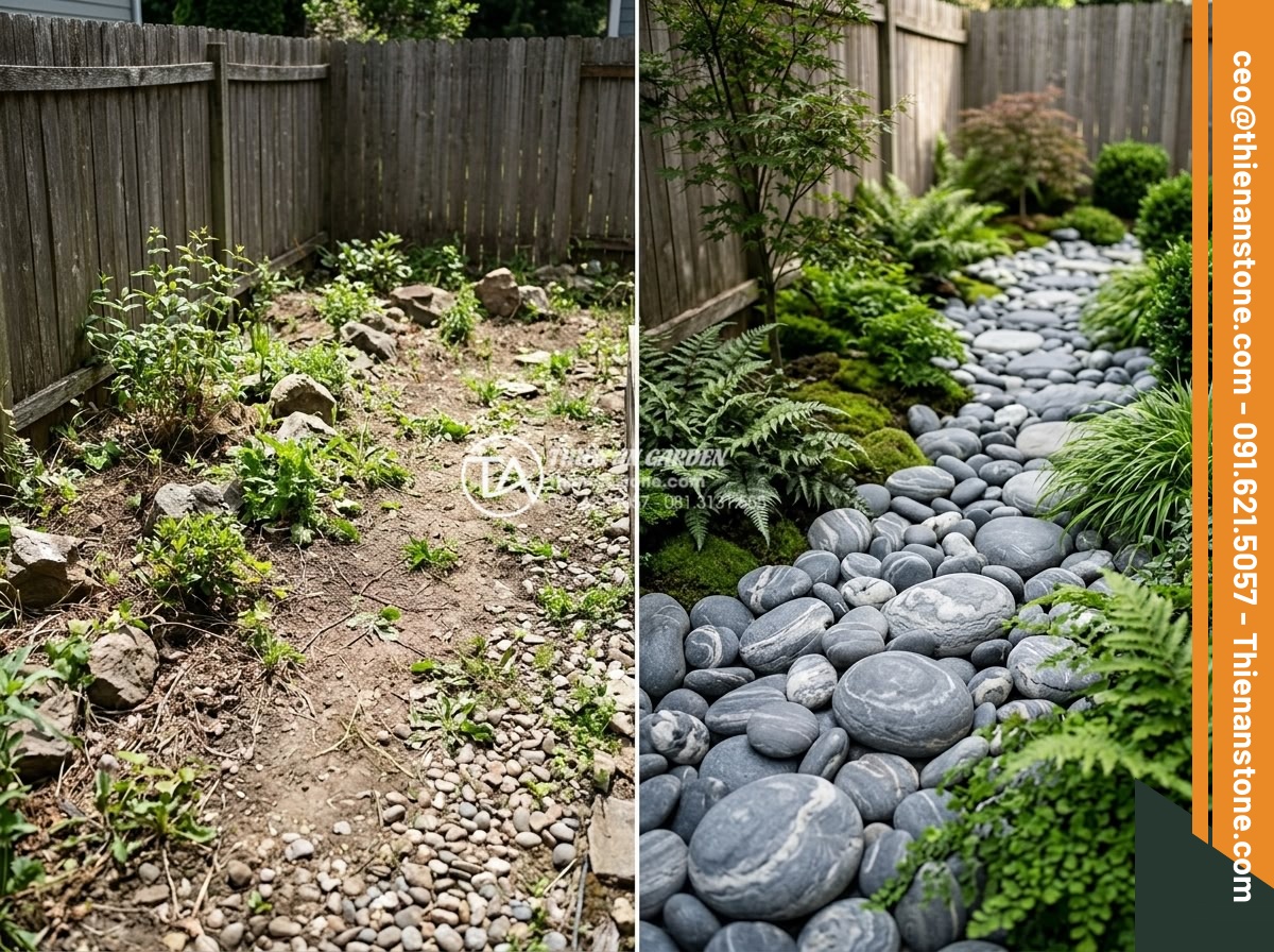 Đá cuội vân mây viên lớn - Hình 16 Đá cuội vân mây viên lớn - Before and after transformation of garden space with addition of large cloud vei