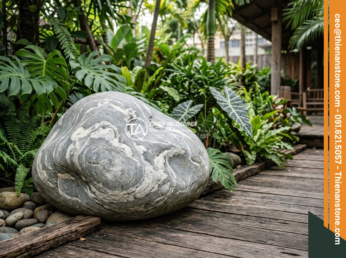 Đá cuội vân mây viên lớn - Hình 4 Đá cuội vân mây viên lớn - Side angle view of a massive cloud vein pebble stone placed near wooden deck and