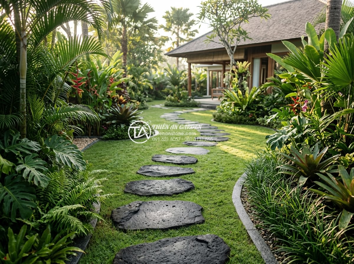 Đá Đen Lát Bước Dặm - Chất liệu: Đá đen tự nhiên (bazan/granite) - Kích thước: 30-50cm tự do, dày 3-4cm - Wide angle view of a luxurious villa garden with black natural basalt and granit