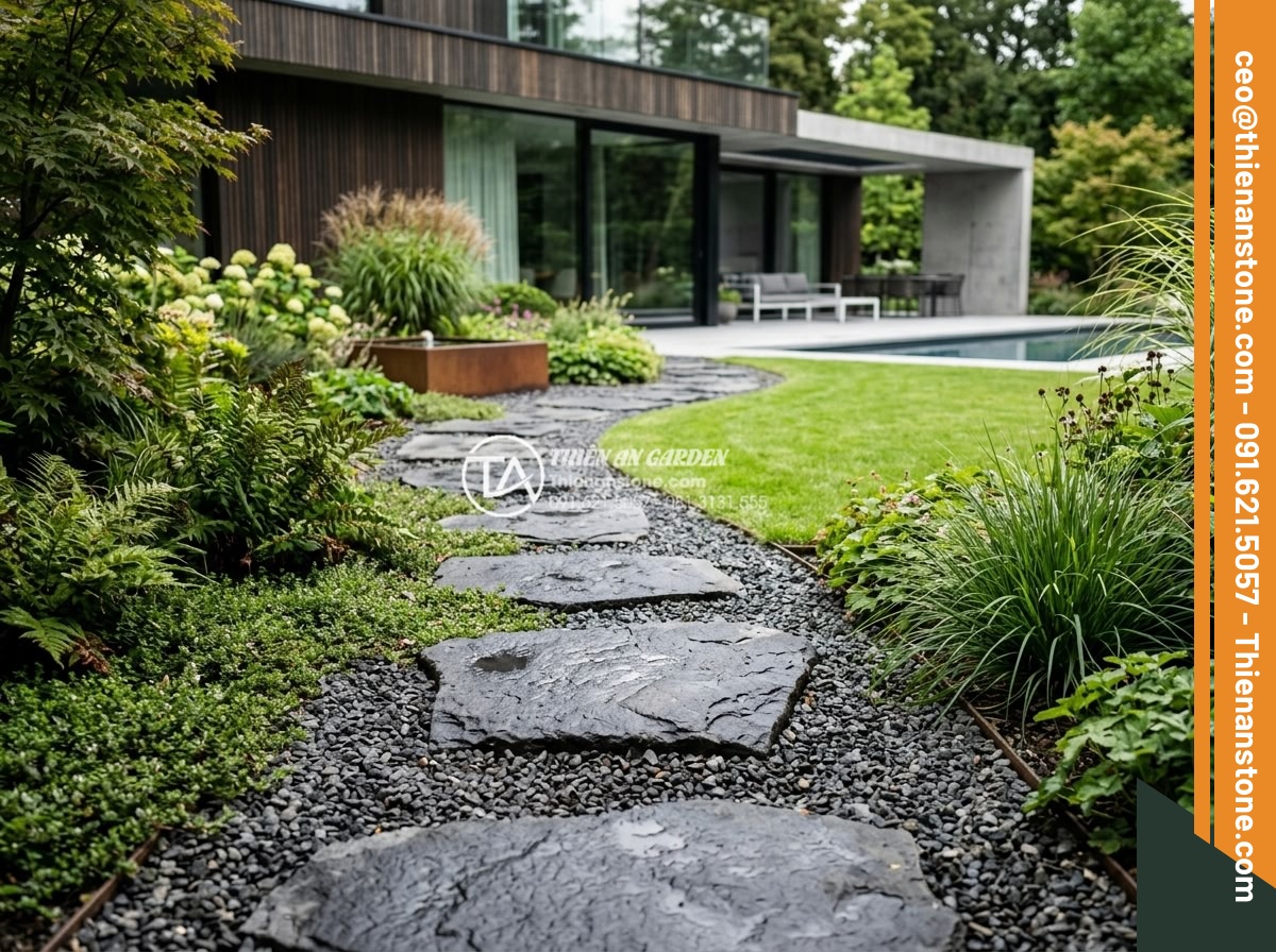 Đá Đen Lát Bước Dặm – Chất liệu: Đá đen tự nhiên (bazan/granite) – Kích thước: 30-50cm tự do, dày 3-4cm