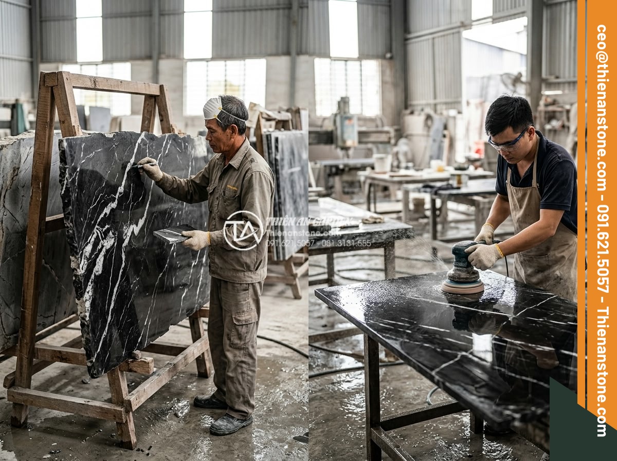 Đá Đen Thiên An Bước Dạo – Chất liệu: Đá đen Thiên An tự nhiên – Kích thước: Phi 40-45cm (tròn, bát giác, mandala, quy cách), dày 4-5cm (băm mặt, mài mờ hoặc hoa văn)