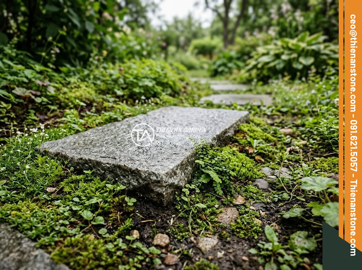 Đá Granite Khò Mặt Bước Dạo - Chất liệu: Đá granite tự nhiên - Kích thước: 30x60cm, dày 3cm (khò lửa chống trơn) - Hình 6 Đá Granite Khò Mặt Bước Dạo - Chất liệu: Đá granite tự nhiên - Kích thước: 30x60cm, dày 3cm (khò lửa chống trơn) - Realistic close view of 30x60cm granite stepping stone with khò mặt texture inst