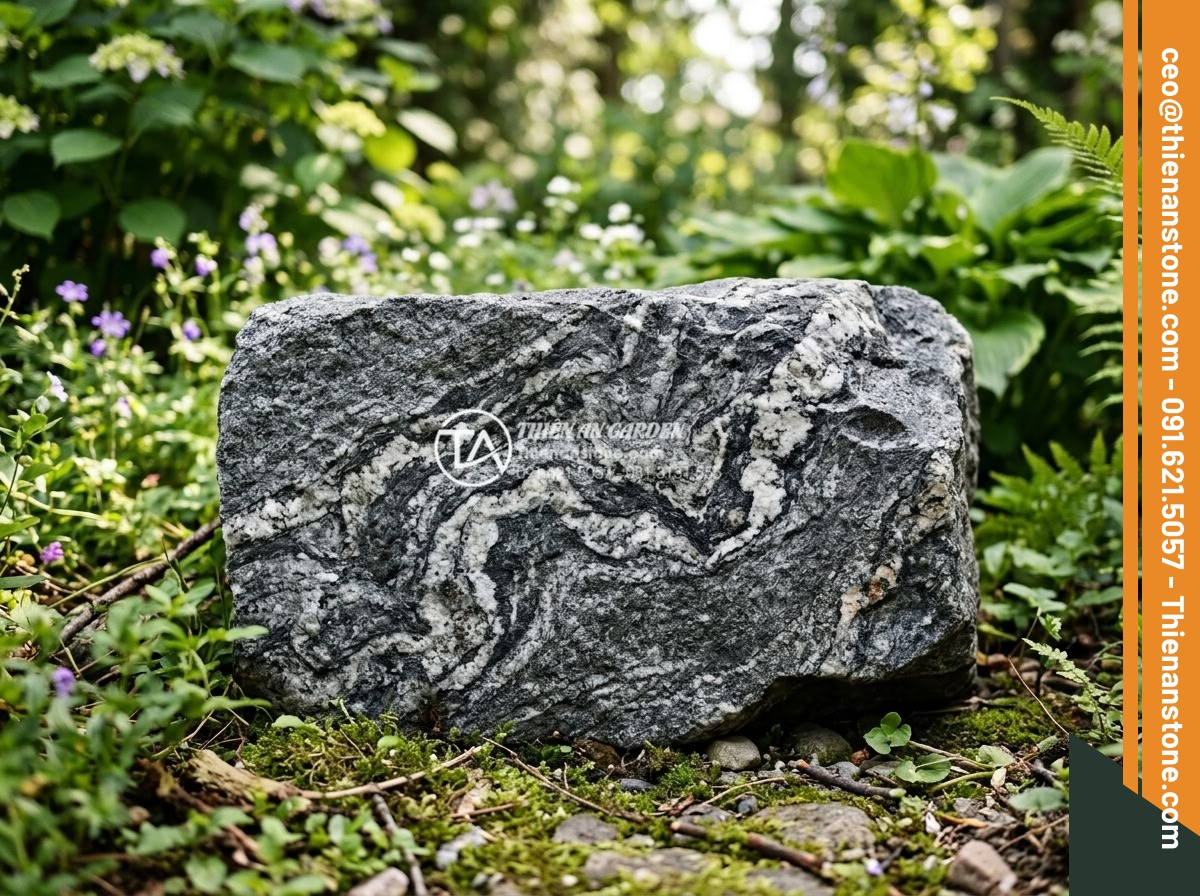 Đá Granite Khò Mặt Bước Dạo - Chất liệu: Đá granite tự nhiên - Kích thước: 30x60cm, dày 3cm (khò lửa chống trơn) - Hình 8 Đá Granite Khò Mặt Bước Dạo - Chất liệu: Đá granite tự nhiên - Kích thước: 30x60cm, dày 3cm (khò lửa chống trơn) - Artistic view of granite stone veins under natural light, highlighting unique pa