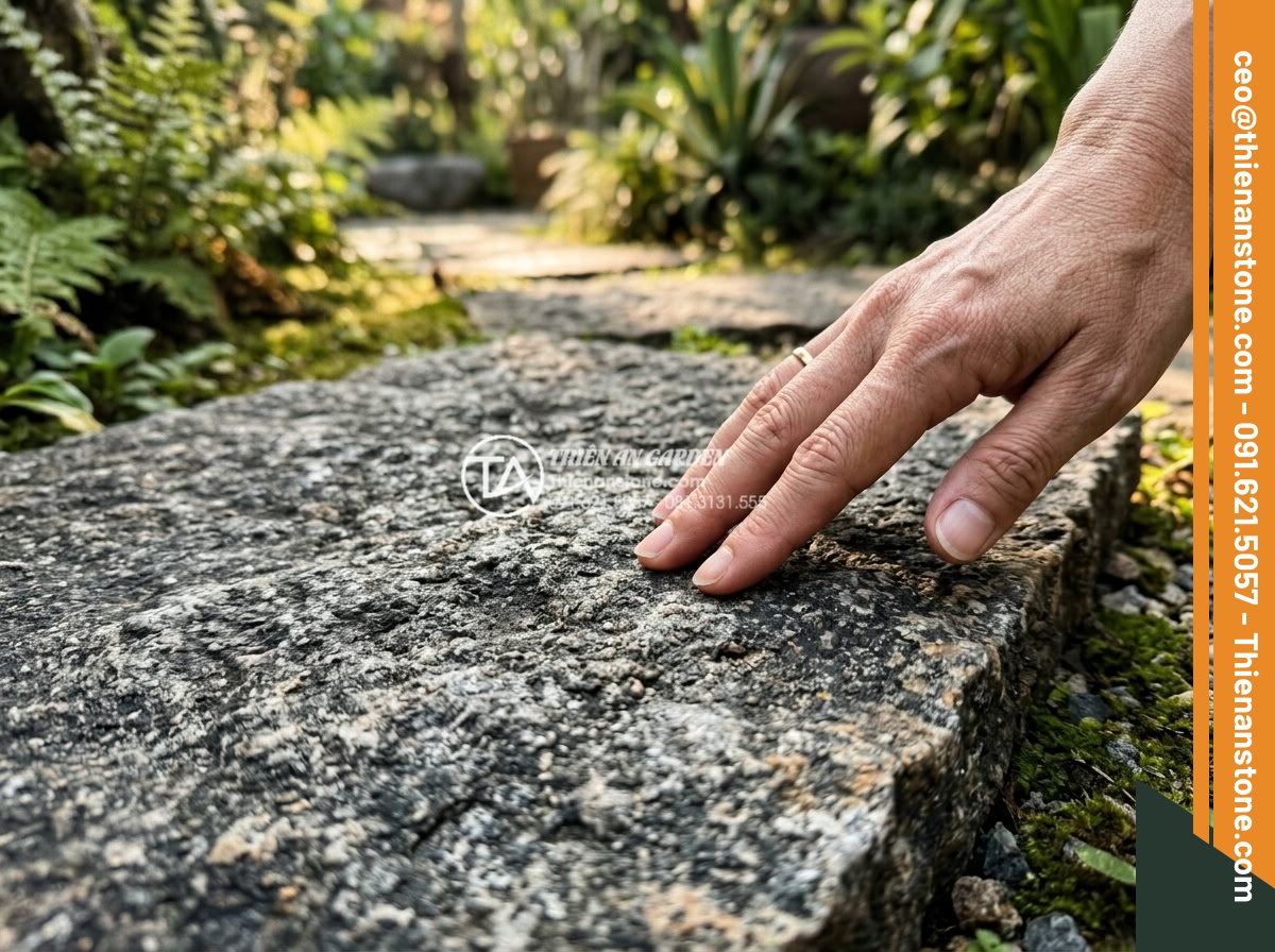 Đá Granite Khò Mặt Bước Dạo - Chất liệu: Đá granite tự nhiên - Kích thước: 30x60cm, dày 3cm (khò lửa chống trơn) - Hình 9 Đá Granite Khò Mặt Bước Dạo - Chất liệu: Đá granite tự nhiên - Kích thước: 30x60cm, dày 3cm (khò lửa chống trơn) - Human hand gently touching the textured khò lửa granite surface in a garden path