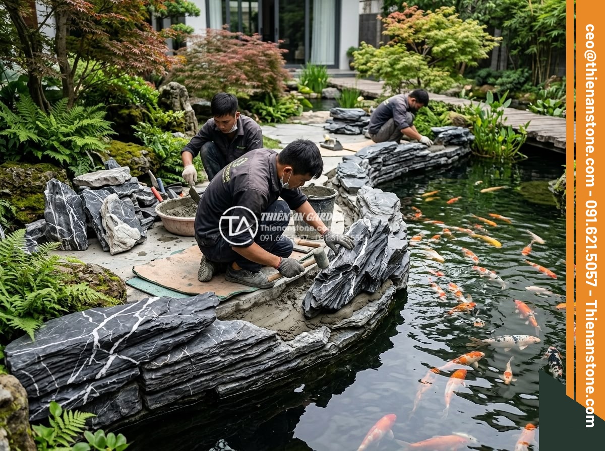 Đá lũa đen xếp lớp kè hồ