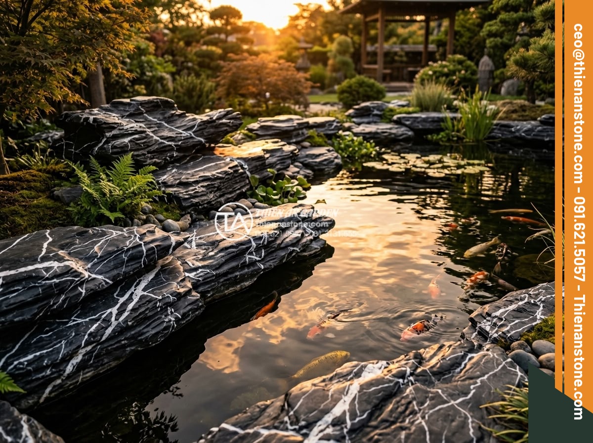 Đá lũa đen xếp lớp kè hồ