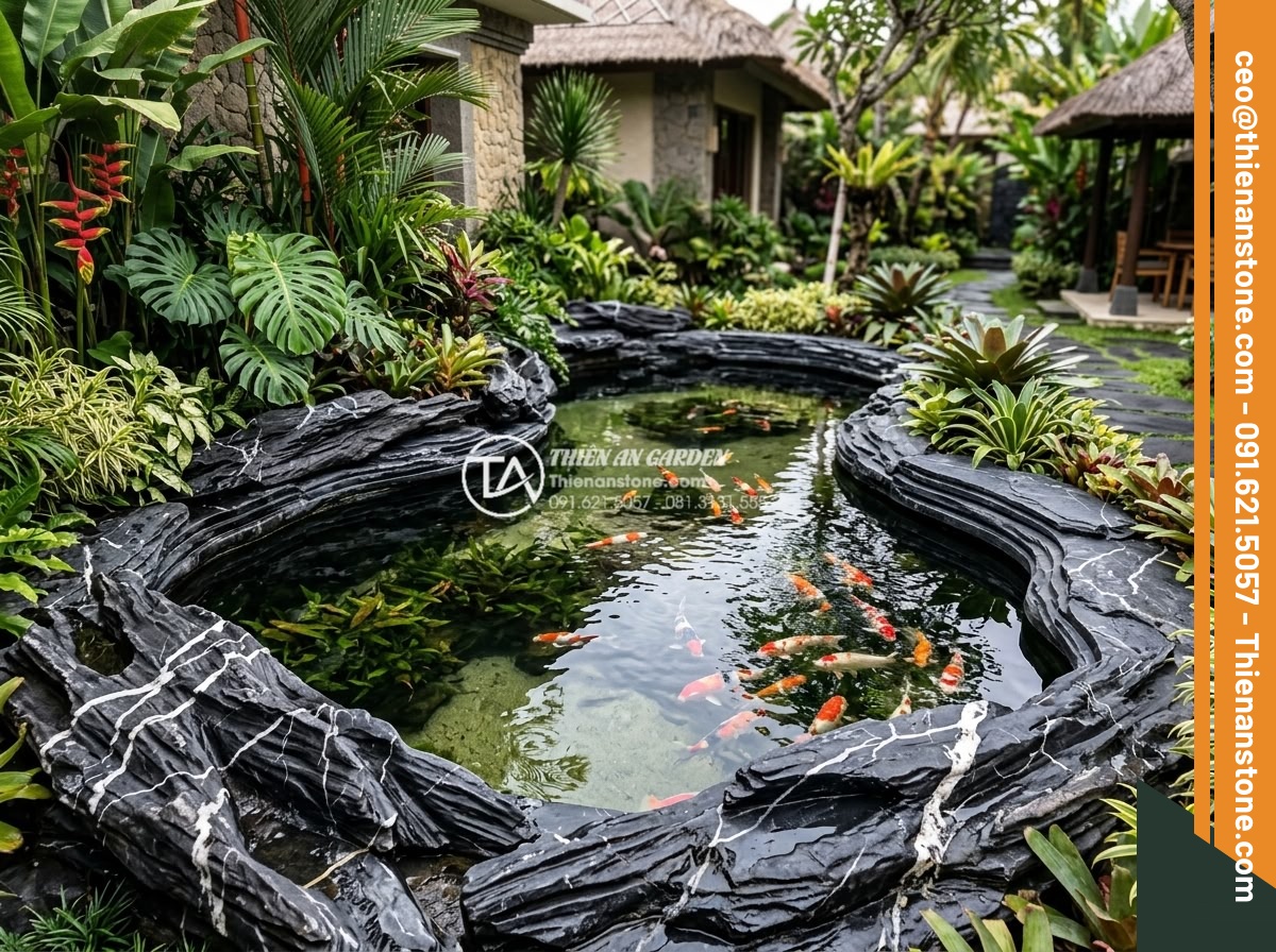 Đá lũa đen xếp lớp kè hồ