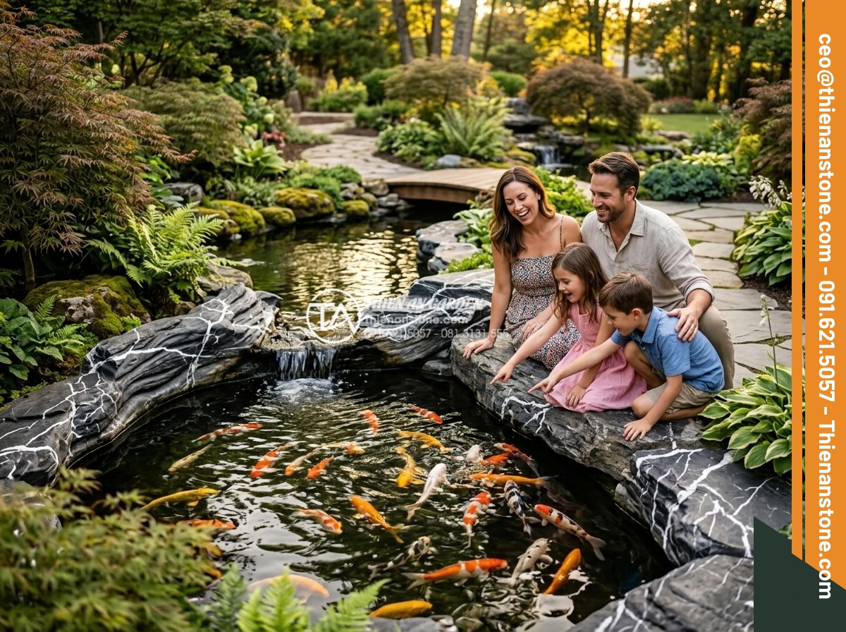 Đá lũa đen xếp lớp kè hồ