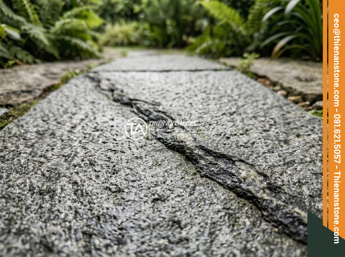 Đá Phiến Granite Bước Dặm - Chất liệu: Đá granite (hoa cương) tự nhiên - Kích thước: 30x60cm, dày 3cm (băm/khò mặt chống trơn) - Hình 8 Đá Phiến Granite Bước Dặm - Chất liệu: Đá granite (hoa cương) tự nhiên - Kích thước: 30x60cm, dày 3cm (băm/khò mặt chống trơn) - Artistic close view of granite vein details on bush hammered surface in luxury g