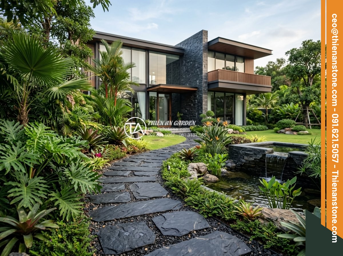 Đá Phiến Slate Đen Bước Dạo – Chất liệu: Đá phiến slate đen tự nhiên – Kích thước: 30x60cm hoặc 30x90cm, dày 3-5cm