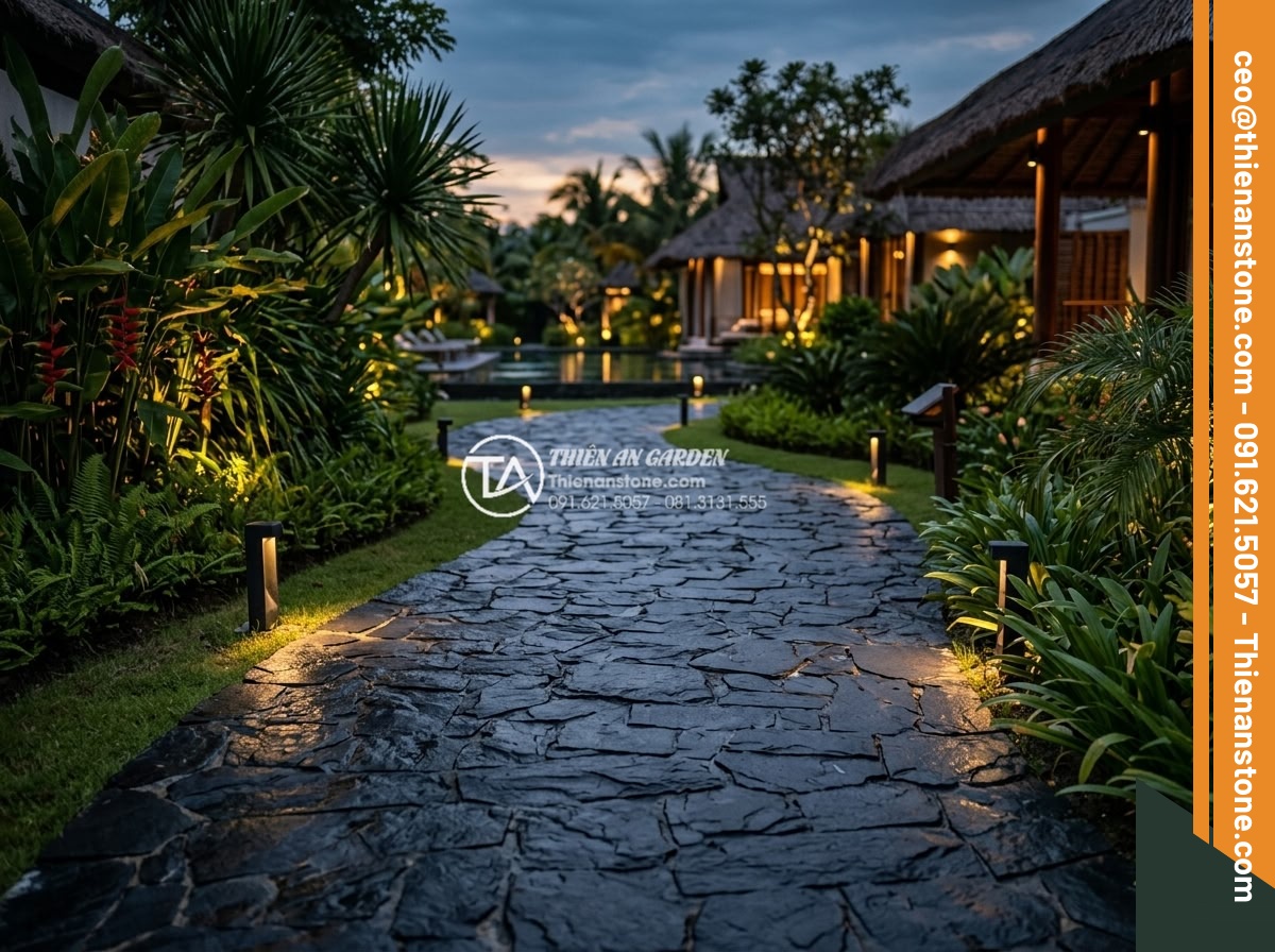 Đá Phiến Slate Đen Bước Dạo – Chất liệu: Đá phiến slate đen tự nhiên – Kích thước: 30x60cm hoặc 30x90cm, dày 3-5cm