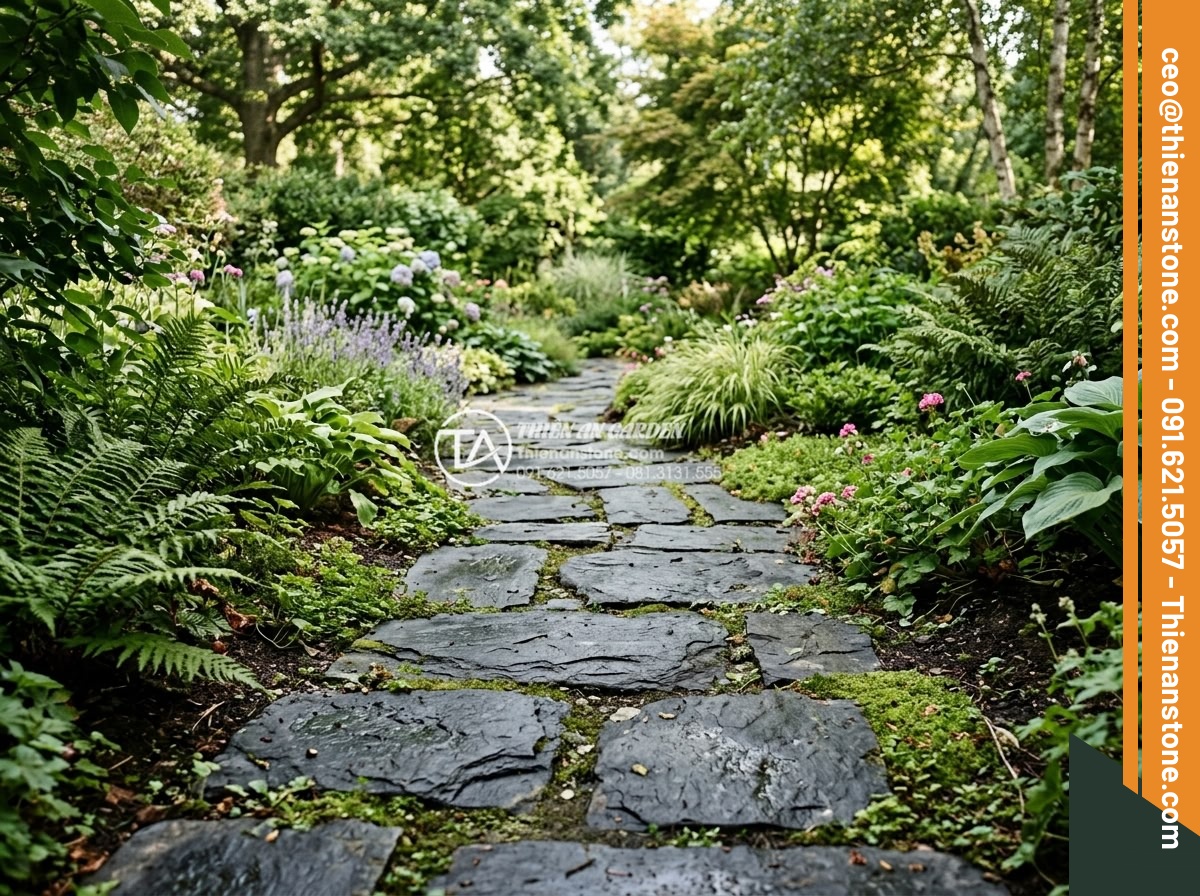Đá Phiến Slate Đen Bước Dạo – Chất liệu: Đá phiến slate đen tự nhiên – Kích thước: 30x60cm hoặc 30x90cm, dày 3-5cm