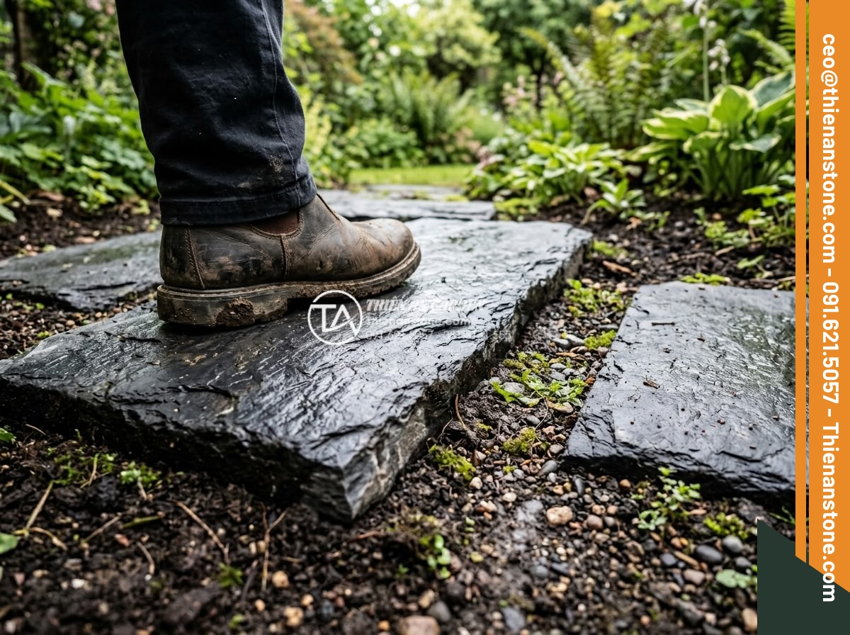 Đá Phiến Slate Đen Bước Dạo – Chất liệu: Đá phiến slate đen tự nhiên – Kích thước: 30x60cm hoặc 30x90cm, dày 3-5cm