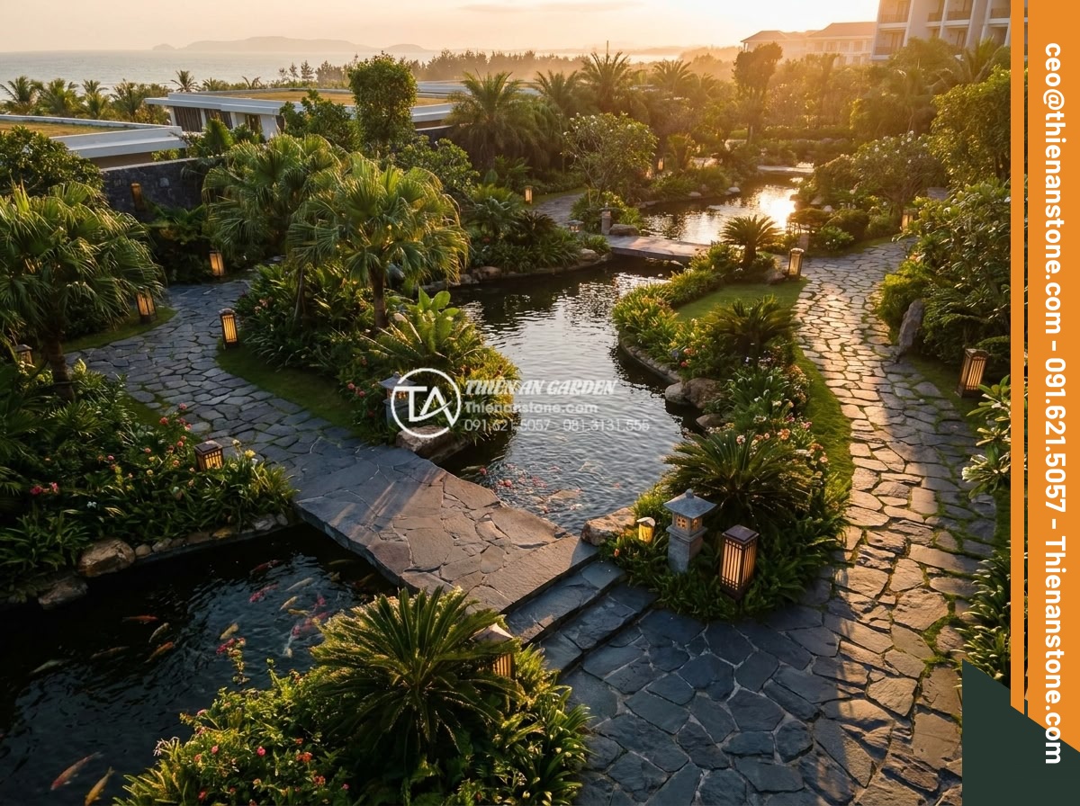 Đá Rối Bazan Đen – Chất liệu: Đá bazan đen tự nhiên (Gia Lai/Đà Nẵng) – Kích thước: Ngẫu nhiên 10-30cm/viên, dày 2-4cm (bán theo m²)