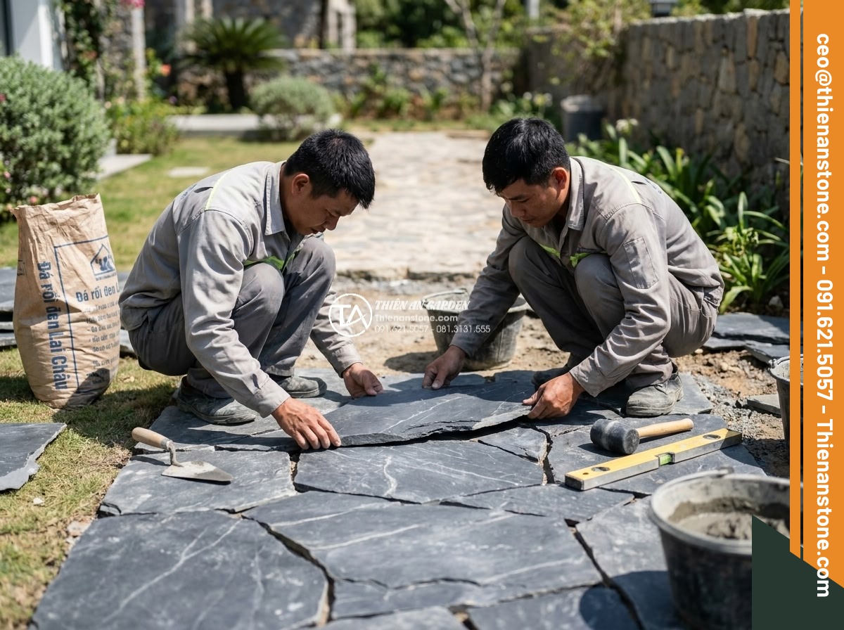Đá Rối Bazan Xám Xanh - Chất liệu: Đá bazan xám xanh tự nhiên - Kích thước: Tự do 10-30cm/viên, dày 2-4cm - Hình 6 Đá Rối Bazan Xám Xanh - Chất liệu: Đá bazan xám xanh tự nhiên - Kích thước: Tự do 10-30cm/viên, dày 2-4cm - Professional craftsmen laying irregular gray-blue basalt crazy paving stones for