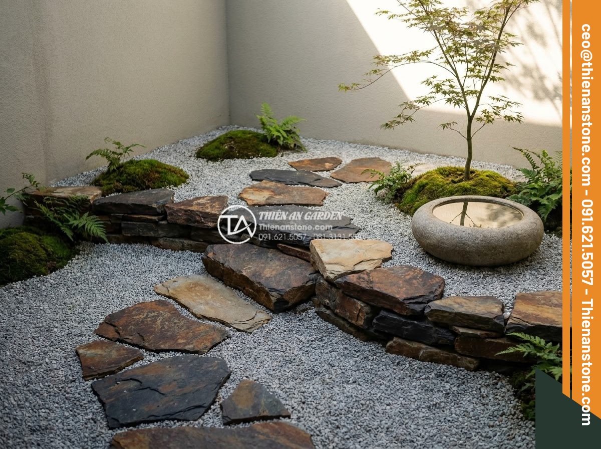 Đá Rối Đen Lai Châu – Chất liệu: Đá slate đen tự nhiên (Lai Châu) – Kích thước: Tự do 10-25cm/viên, dày 2-3cm (bán theo m²)