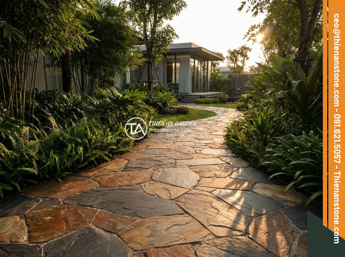 Đá Rối Đen Lai Châu – Chất liệu: Đá slate đen tự nhiên (Lai Châu) – Kích thước: Tự do 10-25cm/viên, dày 2-3cm (bán theo m²)