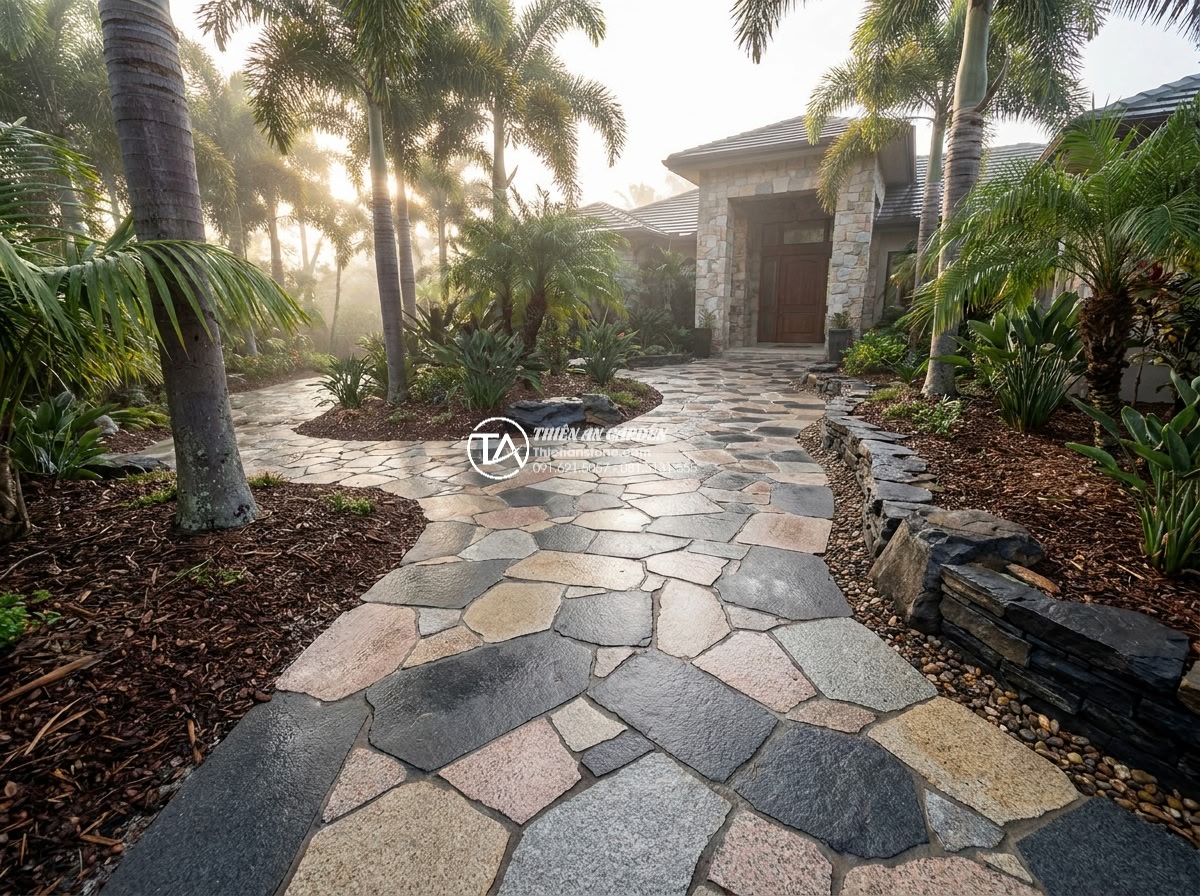 Đá Rối Granite Đa Sắc - Chất liệu: Đá granite đa sắc tự nhiên - Kích thước: Tự do 10-30cm/viên, dày 2-3cm - Cinematic wide-angle view of a luxurious villa garden entrance with winding irre