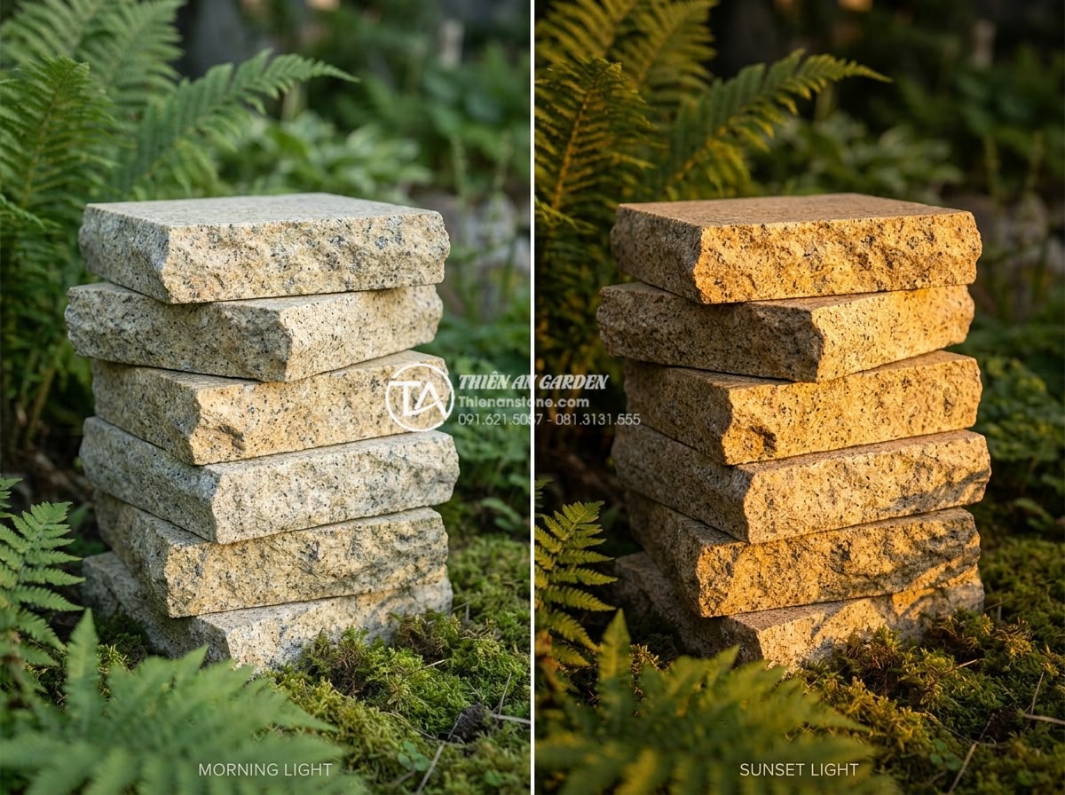 Đá Rối Granite Vàng Băm - Chất liệu: Đá granite vàng tự nhiên - Kích thước: Tự do 10-30cm/viên, dày 2-3cm (bề mặt băm nhám) - Hình 10 Đá Rối Granite Vàng Băm - Chất liệu: Đá granite vàng tự nhiên - Kích thước: Tự do 10-30cm/viên, dày 2-3cm (bề mặt băm nhám) - Side-by-side comparison of the same yellow granite stones in morning soft light