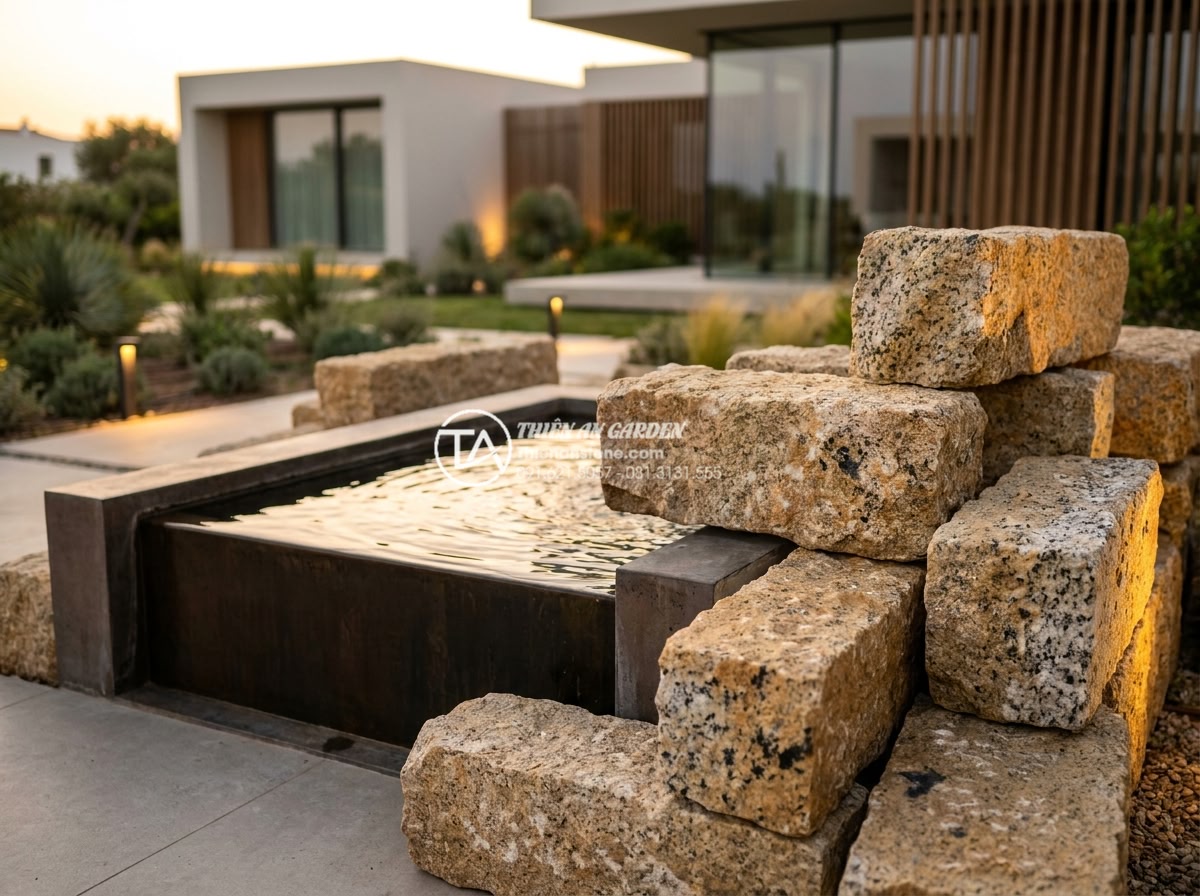 Đá Rối Granite Vàng Băm - Chất liệu: Đá granite vàng tự nhiên - Kích thước: Tự do 10-30cm/viên, dày 2-3cm (bề mặt băm nhám) - Hình 12 Đá Rối Granite Vàng Băm - Chất liệu: Đá granite vàng tự nhiên - Kích thước: Tự do 10-30cm/viên, dày 2-3cm (bề mặt băm nhám) - Close view of a contemporary villa garden corner featuring clustered yellow gran