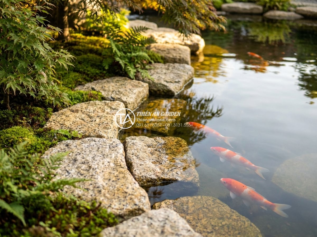 Đá Rối Granite Vàng Băm - Chất liệu: Đá granite vàng tự nhiên - Kích thước: Tự do 10-30cm/viên, dày 2-3cm (bề mặt băm nhám) - Hình 13 Đá Rối Granite Vàng Băm - Chất liệu: Đá granite vàng tự nhiên - Kích thước: Tự do 10-30cm/viên, dày 2-3cm (bề mặt băm nhám) - Serene Koi pond edge beautifully edged with irregular yellow granite tumbled sto